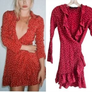 Realisation Par Alexandra Red Star Silk Ruffle Wrap Mini Dress Womens XS